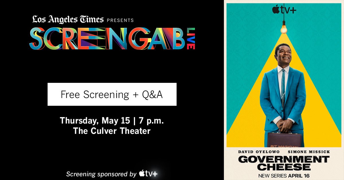 Join us May 15 for a special screening of the new surrealist family comedy #GovernmentCheese! 📺 Followed by a live Q&amp;A moderated by TV editor <a href="/mairalg/">Maira Garcia</a> featuring star David Oyelowo and creators, writers and showrunners Paul  Hunter and Aeysha Carr! 

RSVP: tixr.com/groups/latimes…