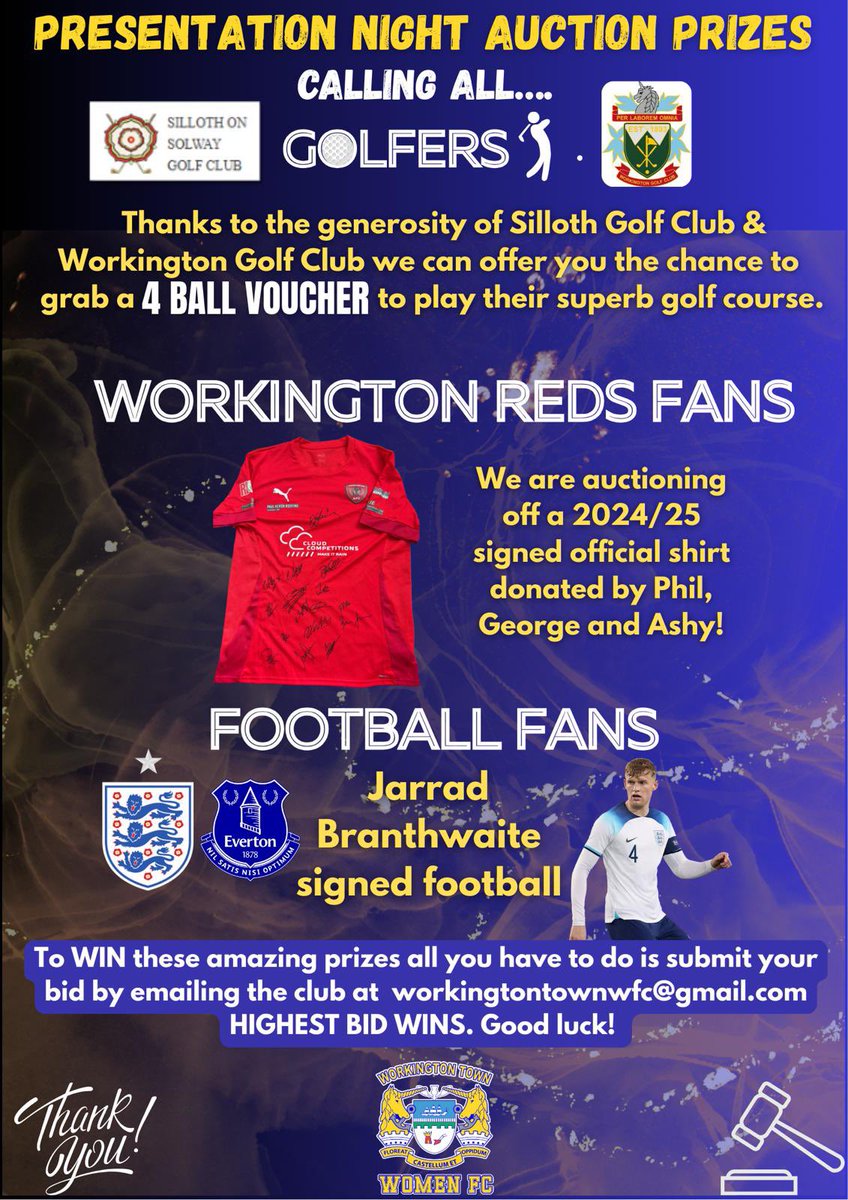 TownWomenFC's tweet image. 𝐏𝐫𝐞𝐬𝐞𝐧𝐭𝐚𝐭𝐢𝐨𝐧 𝐍𝐢𝐠𝐡𝐭 𝐀𝐮𝐜𝐭𝐢𝐨𝐧!
🗣️ Calling all golfers 🏌️♀️
🗣️ Calling all @WorkingtonAFC fans ⚽️
🗣️ Calling all Football Fans specially @Everton FC fans!
⭐️ We have 4 lots to auction for our fundraising
📲 Email the club to submit your bids!
🤞🍀 🔵