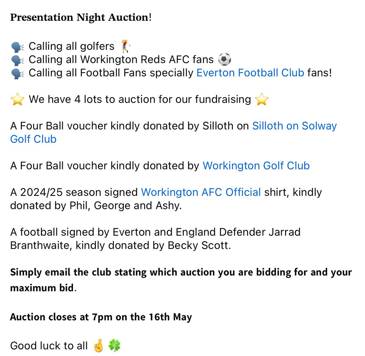 TownWomenFC's tweet image. 𝐏𝐫𝐞𝐬𝐞𝐧𝐭𝐚𝐭𝐢𝐨𝐧 𝐍𝐢𝐠𝐡𝐭 𝐀𝐮𝐜𝐭𝐢𝐨𝐧!
🗣️ Calling all golfers 🏌️♀️
🗣️ Calling all @WorkingtonAFC fans ⚽️
🗣️ Calling all Football Fans specially @Everton FC fans!
⭐️ We have 4 lots to auction for our fundraising
📲 Email the club to submit your bids!
🤞🍀 🔵