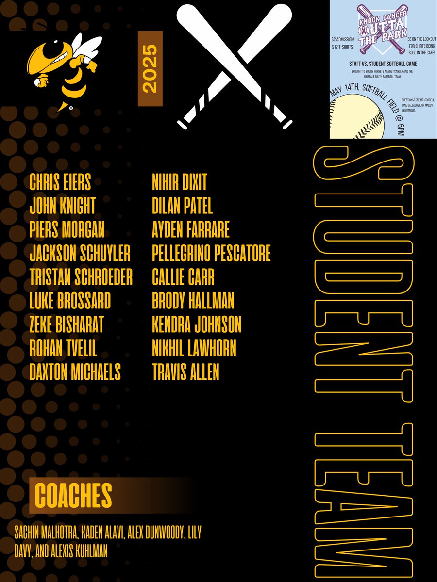 Rosters are set! Check out the staff vs. student teams for our first student vs. staff softball game! Make plans to Support Hornets Against Cancer on Wednesday, May 14th at 6pm! #SouthPride