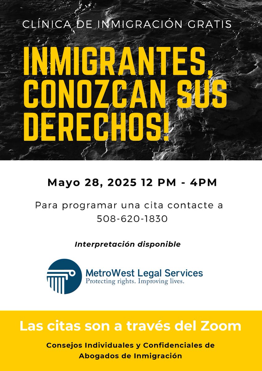 We will be hosting free virtual immigration know your rights clinics on Wednesday May 28th from 12 pm to 4 pm.  To sign up for a consultation slot, or to refer someone you know, please call our main line: 508-620-1830 during our offices hours: M-F, 9:00am-5:00pm