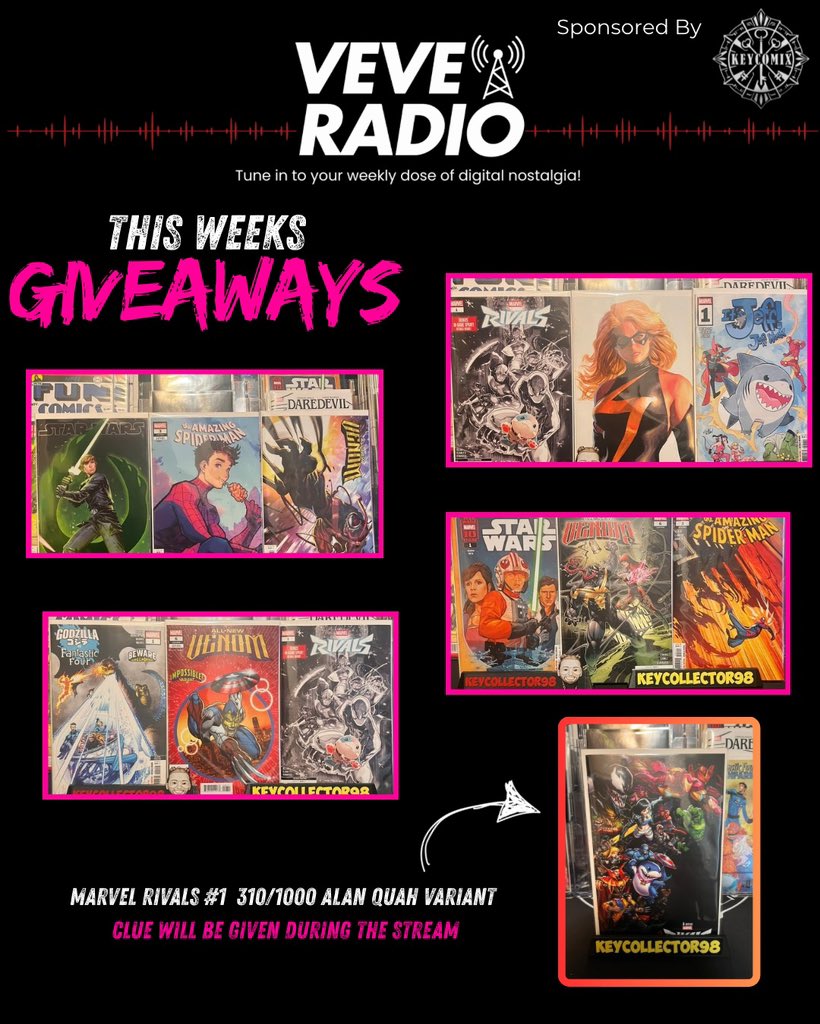 Big thanks to <a href="/KeyComix/">KeyComix</a> for hooking us up with these incredible comics for this weeks episode!🙌✨ Join us Tuesday at 1:30pm EST as we dive into the latest <a href="/veve_official/">VeVe | Digital Collectibles</a> news and chat with our special guest <a href="/One_WhoLaughs/">El Batman_Mike</a> You won't want to miss it!