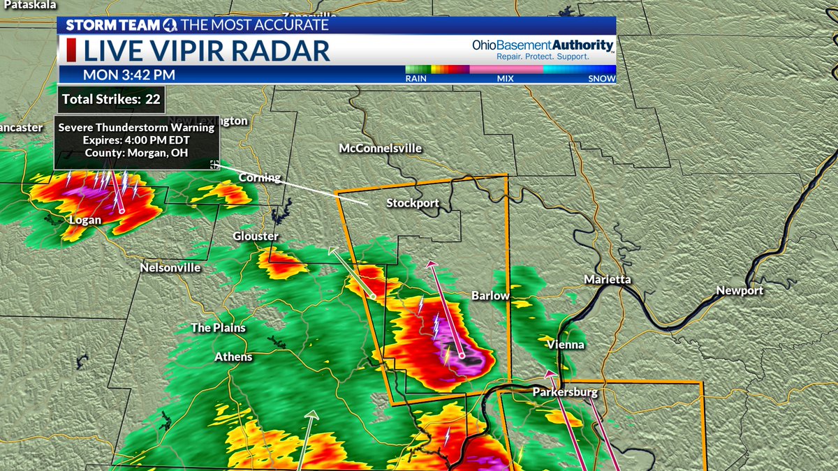 BryanStillWX's tweet photo. SEVERE T-STORM WARNING until 4:00p

For Eastern Athens &amp; Southern Morgan counties.

Storm is moving north @ 25mph

*  Winds to 60mph
*  Hail to quarter (1") size
*  Lightning &amp; heavy rain possible too
https://t.co/GjjByQJJn3 #OHwx https://t.co/L1eVlsI5C9