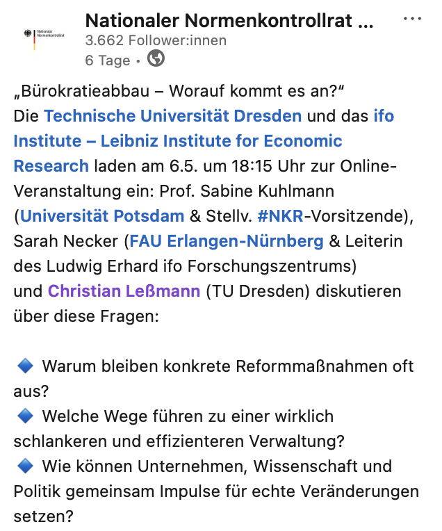 Christian Lessmann (@econ_lessmann) on Twitter photo Am 6.5. diskutiere ich mit Sarah Necker (<a href="/ifo_Institut/">ifo Institut</a>) und Sabine Kuhlmann (Potsdam, <a href="/NKR_Bund/">Nationaler Normenkontrollrat</a>) zum Thema "Bürokratieabbau". Live ab 18:15 Uhr im Zoom Webinar oder später in der ifo Mediathek oder auf Youtube. Zum Mitdiskutieren.
Freue mich drauf!
tu-dresden.de/bu/wirtschaft/… Am 6.5. diskutiere ich mit Sarah Necker (<a href="/ifo_Institut/">ifo Institut</a>) und Sabine Kuhlmann (Potsdam, <a href="/NKR_Bund/">Nationaler Normenkontrollrat</a>) zum Thema "Bürokratieabbau". Live ab 18:15 Uhr im Zoom Webinar oder später in der ifo Mediathek oder auf Youtube. Zum Mitdiskutieren.
Freue mich drauf!
tu-dresden.de/bu/wirtschaft/…