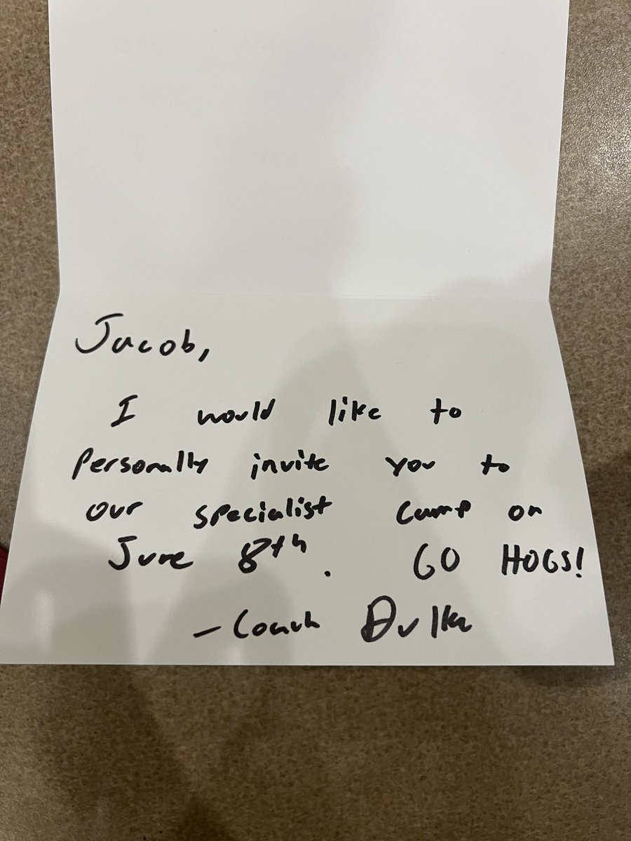 Thank you so much Coach <a href="/Adam_Dulka/">Adam Dulka</a> for sending me a personal invite to the Arkansas Razorbacks Specialist camp on June 8th! 

<a href="/SpecialTeamsU/">Special Teams U™</a> <a href="/ShaneBreon/">Shane Breon</a> <a href="/MCHuskyFB/">Mifflin County High School Football</a> <a href="/shane_griffin54/">Shane Griffin</a> 

#gohogs #razorbacks #woopigsooie
