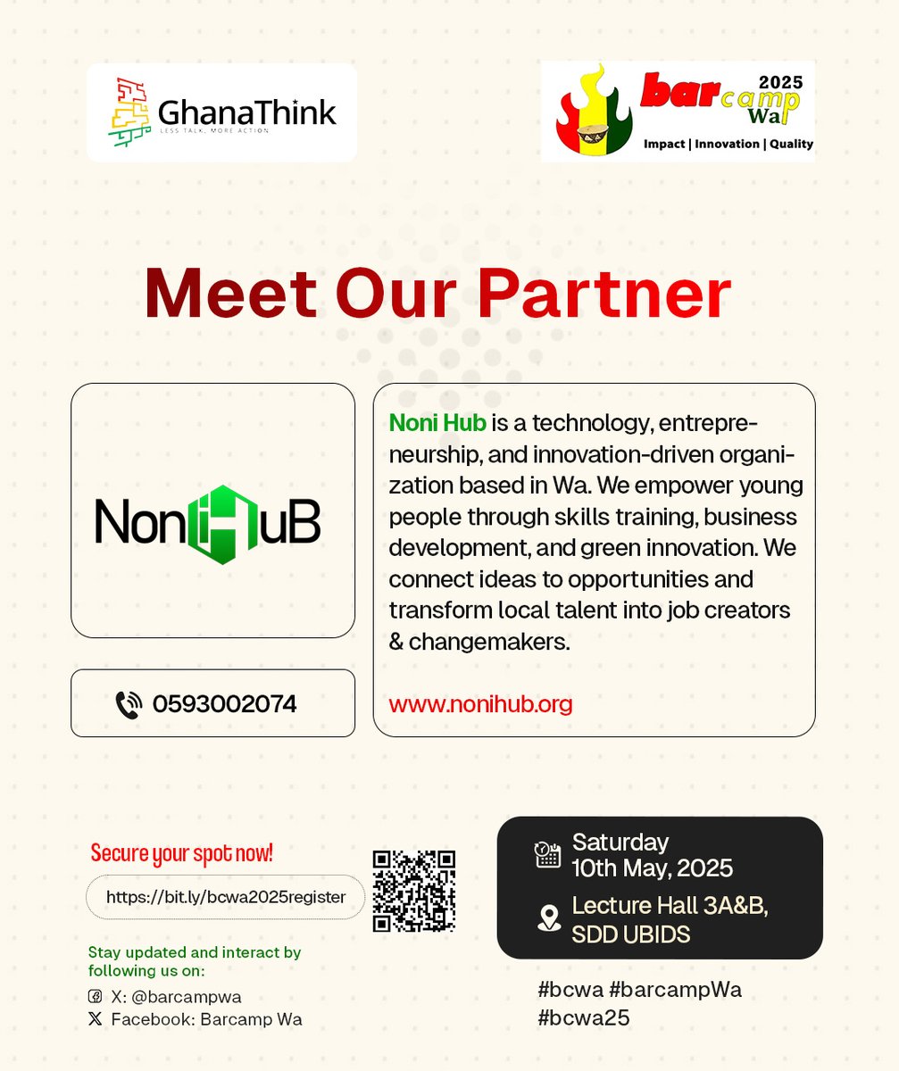 Barcamp Wa #bcwa (@barcampwa) on Twitter photo #bcwa partner: @Noni_Hub.
Noni Hub inspires youth to use IT as a means to starting green businesses. They've trained lots of entrepreneurs & startups in #UpperWestGhana, etc
#BarcampWa 2025 is on #May10. Register bit.ly/bcwa2025registā¦
cc <a href="/SChakurah/">Sumaila Chakurah</a> <a href="/KomsekoGH/">Komseko by GhanaThink</a> <a href="/DigitalOppTrust/">DOT</a> #bcwa partner: @Noni_Hub.
Noni Hub inspires youth to use IT as a means to starting green businesses. They've trained lots of entrepreneurs & startups in #UpperWestGhana, etc
#BarcampWa 2025 is on #May10. Register bit.ly/bcwa2025registā¦
cc <a href="/SChakurah/">Sumaila Chakurah</a> <a href="/KomsekoGH/">Komseko by GhanaThink</a> <a href="/DigitalOppTrust/">DOT</a>