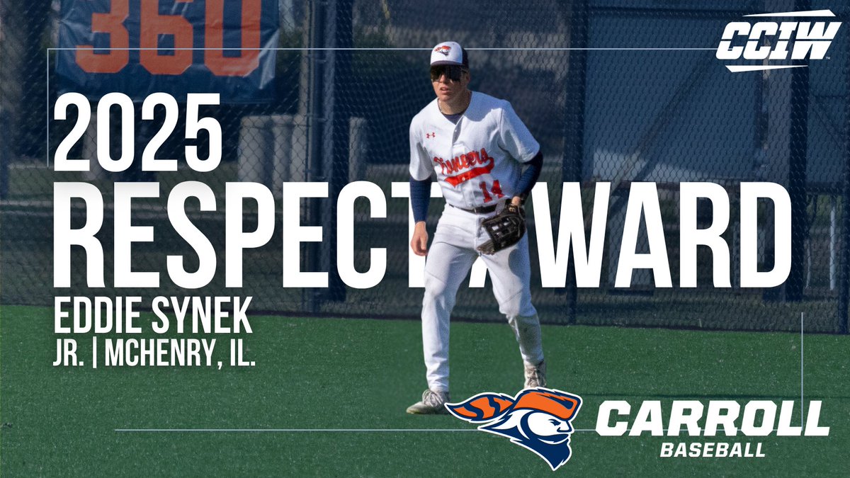 A part of the annual All-Conference awards every year is the CCIW RESPECT Award winners, with each school receiving one honoree. This year's RESPECT Award recipient for Carroll's baseball team is Eddie Synek, a Junior from McHenry, Ill.

#d3baseball I #RESPECT I #GoPios
