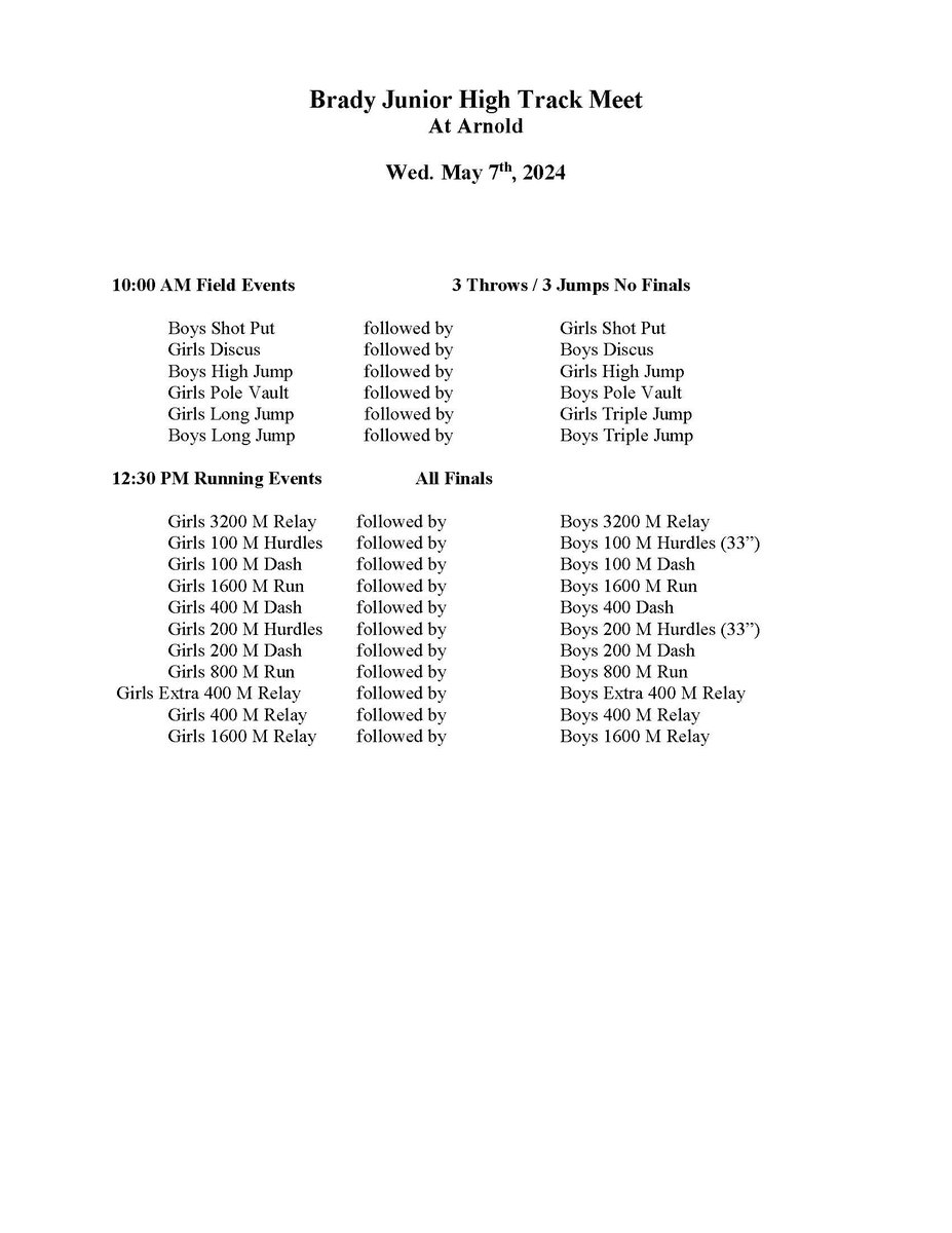 Here is the schedule for Brady's JH Track Invite @ Arnold on Wednesday.