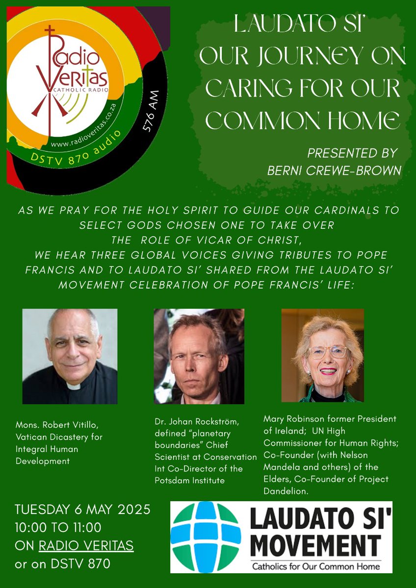RadioVeritasSA's tweet photo. #RadioVeritasTuesdayProgrammes
#LaudatoSi with Berni Crewe-Brown on #RadioVeritasSA #Dstv870 #RadioVeritasApp
π 6 May 2025
β°10:00 - 11:00 https://t.co/MQlpXh7SBJ