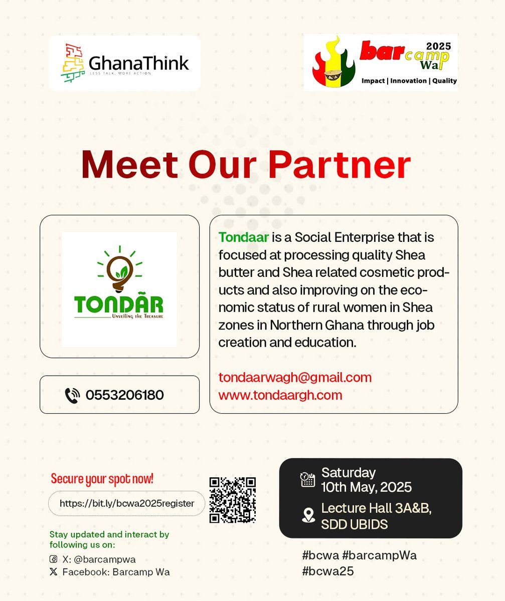 Barcamp Wa #bcwa (@barcampwa) on Twitter photo #bcwa partner: <a href="/Tondaar2/">Tondaar</a>.
Tondaar Ventures is a #socialenterprise dedicated to empowering #ruralwomen #inGhana - unrefined #SheaButter for Cosmetic Formulators.
#BarcampWa #May10.
Register bit.ly/bcwa2025registā¦
<a href="/AdamsAbdulHami2/">Adams Abdul Hamid</a>
<a href="/KomsekoGH/">Komseko by GhanaThink</a>
<a href="/DigitalOppTrust/">DOT</a> #AgroGhana #socent #bcwa partner: <a href="/Tondaar2/">Tondaar</a>.
Tondaar Ventures is a #socialenterprise dedicated to empowering #ruralwomen #inGhana - unrefined #SheaButter for Cosmetic Formulators.
#BarcampWa #May10.
Register bit.ly/bcwa2025registā¦
<a href="/AdamsAbdulHami2/">Adams Abdul Hamid</a>
<a href="/KomsekoGH/">Komseko by GhanaThink</a>
<a href="/DigitalOppTrust/">DOT</a> #AgroGhana #socent