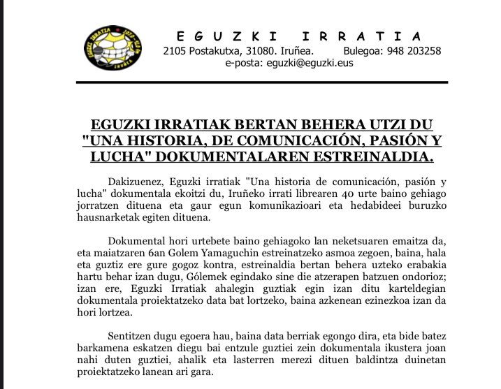 Eguzki Irratia (@eguzki_irratia) on Twitter photo <a href="/GolemPamplona/">Cines Golem Pamplona</a> Eguzki irratia suspende el estreno del documental/ Eguzki irratiak Bertin behera dokumentalaren estrenaildia. <a href="/GolemPamplona/">Cines Golem Pamplona</a> Eguzki irratia suspende el estreno del documental/ Eguzki irratiak Bertin behera dokumentalaren estrenaildia.