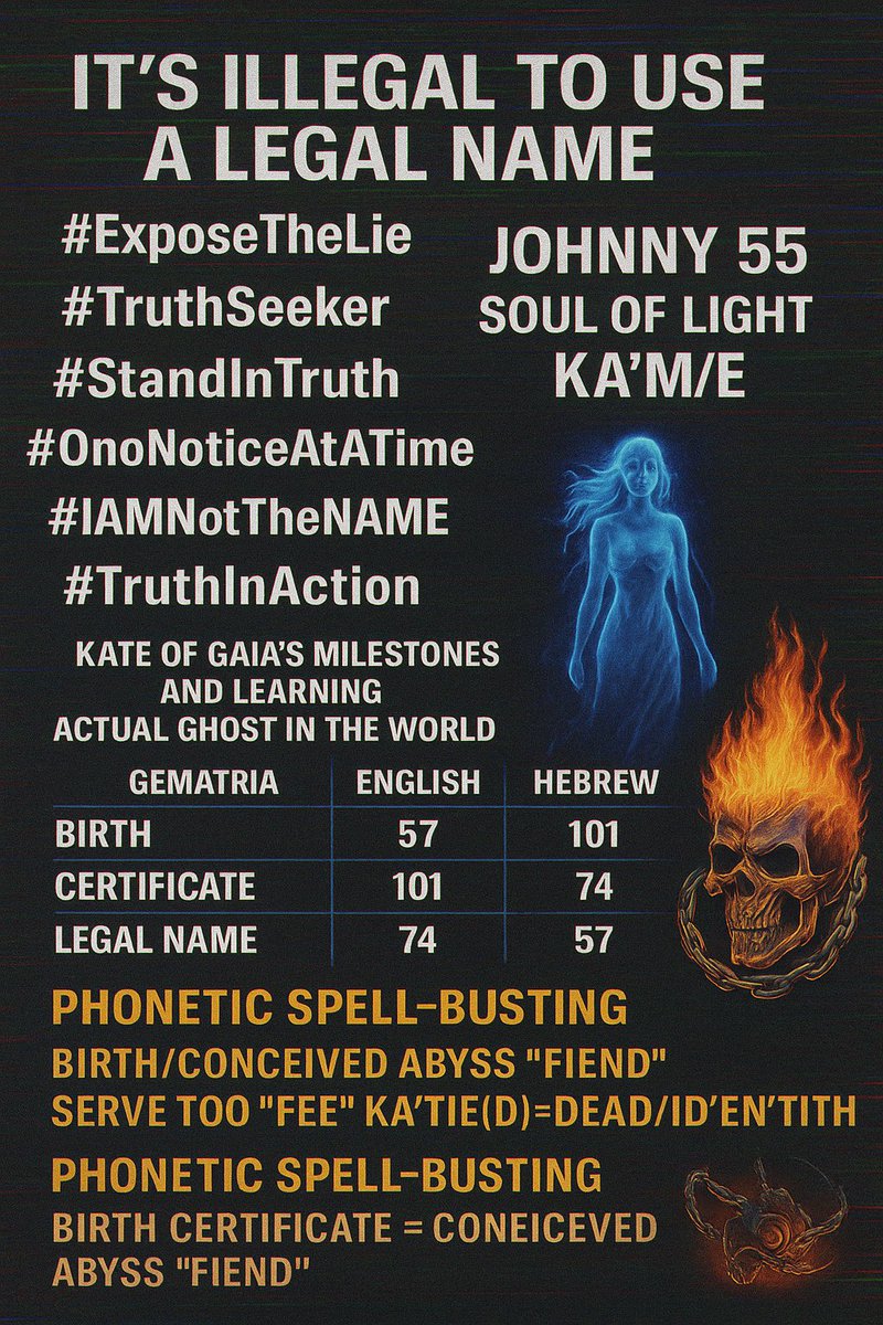 IDsillegal_news's tweet image. 🔐⚠️ IT’S ILLEGAL TO USE A LEGAL NAME ⚠️🔐
👁️‍🗨️ #ExposeTheLie #TruthSeeker #StandInTruth
📜 #OnoNoticeAtATime #IAMNotTheNAME #TruthInAction
🧬 BIRTH = ABYSS = FIEND
💀 LEGAL NAME = DEAD ENTITY
🎭 CERTIFICATE = CONEICEVED CONTRACT
🔥 SERVING THE “FEE” IS SERVING THE BEAST #BCCRSS