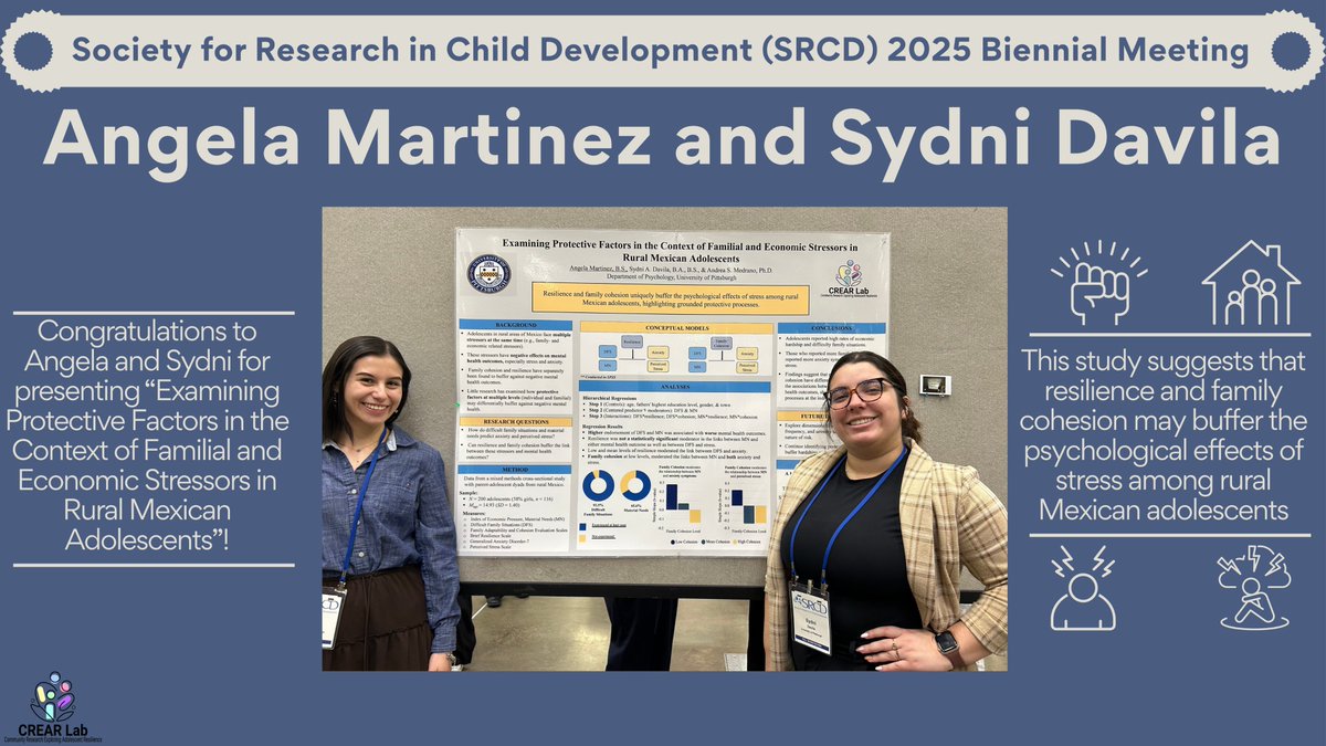 CREAR Lab (@labcrear) on Twitter photo Congrats to <a href="/amartinez10_/">Angela Martinez</a> & <a href="/Sydni_Davila/">Sydni Davila</a> for their SRCD presentation "Examining Protective Factors in the Context of Familial and Economic Stressors in Rural Mexican Adolescents"! Their research highlights how resilience & family cohesion can buffer stress. Great work! #SRCD2025 Congrats to <a href="/amartinez10_/">Angela Martinez</a> & <a href="/Sydni_Davila/">Sydni Davila</a> for their SRCD presentation "Examining Protective Factors in the Context of Familial and Economic Stressors in Rural Mexican Adolescents"! Their research highlights how resilience & family cohesion can buffer stress. Great work! #SRCD2025
