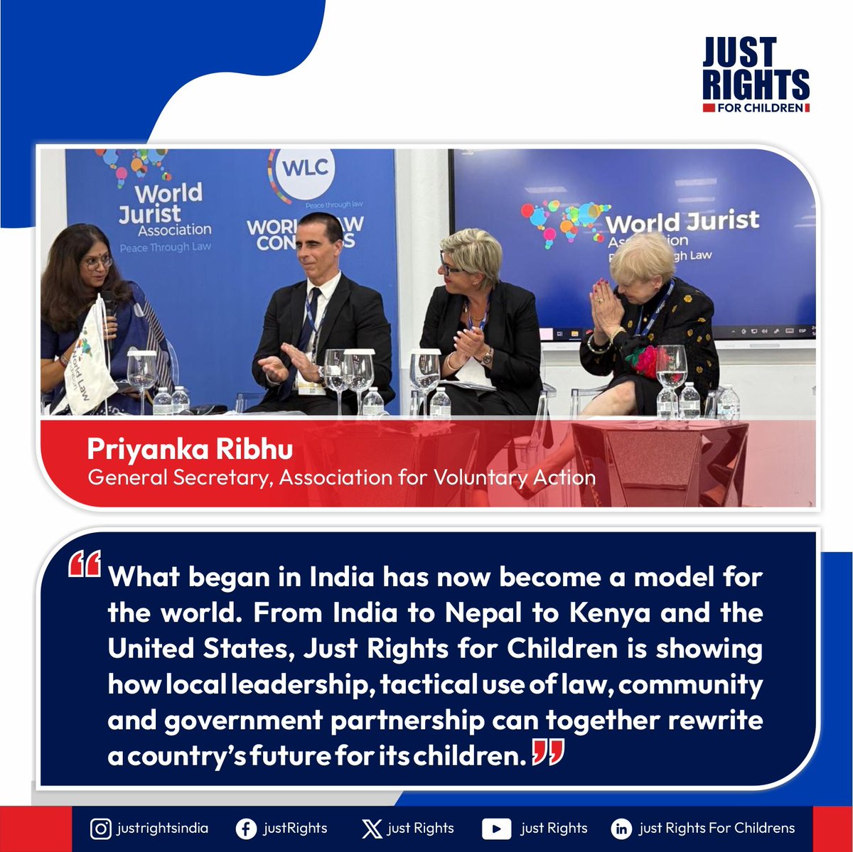 JustRightsIndia's tweet photo. Today, at the #WorldLawCongress in the #DominicanRepublic, @PriyankaRibhu, General Secretary of Association for Voluntary Action — a key partner of #JustRightsforChildren — addressed global legal experts and changemakers on how our strategies are shaping child protection systems across borders.
