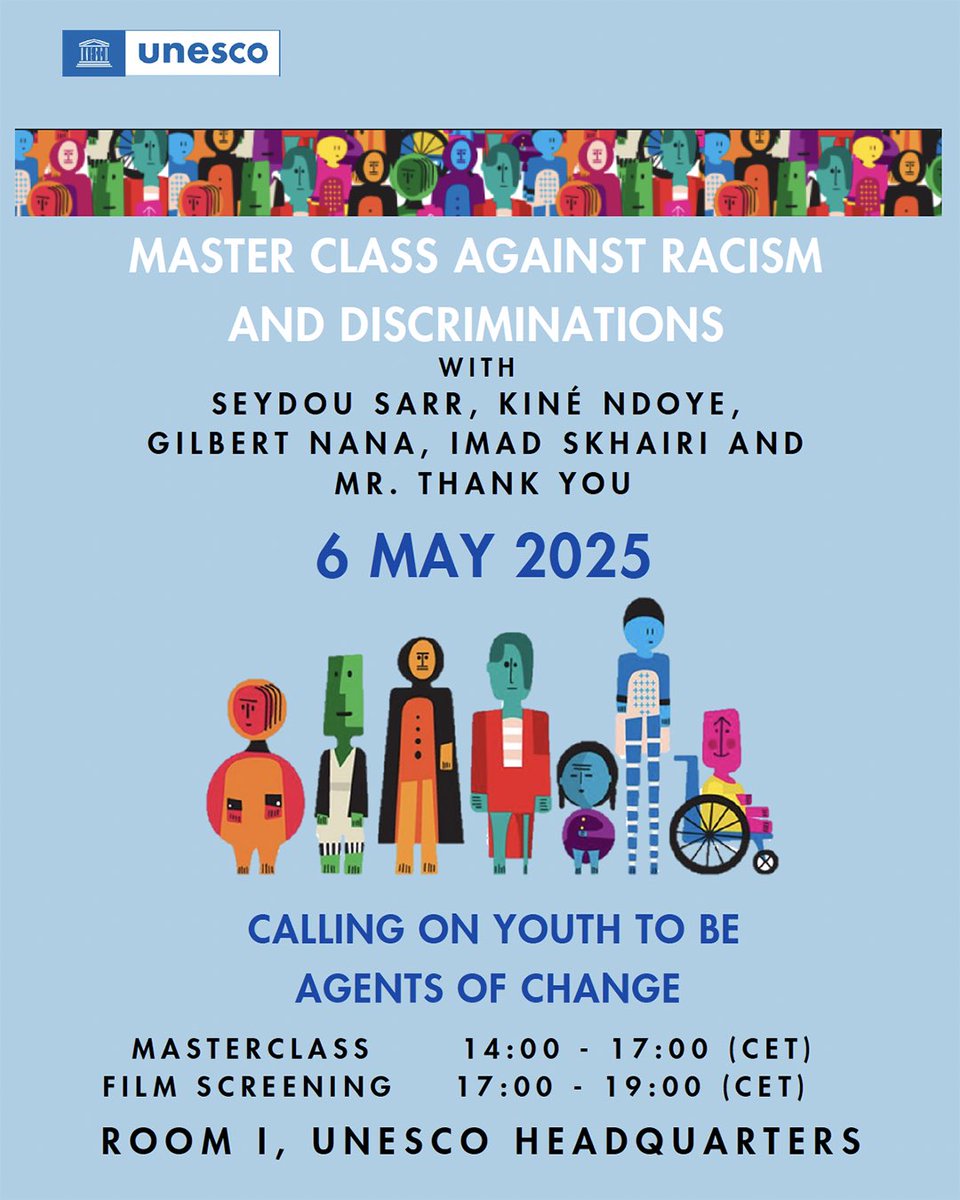 UN Youth Office (@unyouthaffairs) on Twitter photo 📣 <a href="/UNESCO/">UNESCO 🏛️ #Education #Sciences #Culture 🇺🇳</a>’s Global Master Class Against Racism returns 6 May in Paris, uniting youth to confront racism, prejudice & intolerance.
🎟️ Register to attend: tinyurl.com/569eywx7
💻 Watch the livestream: tinyurl.com/mrxmu3dz 📣 <a href="/UNESCO/">UNESCO 🏛️ #Education #Sciences #Culture 🇺🇳</a>’s Global Master Class Against Racism returns 6 May in Paris, uniting youth to confront racism, prejudice & intolerance.
🎟️ Register to attend: tinyurl.com/569eywx7
💻 Watch the livestream: tinyurl.com/mrxmu3dz