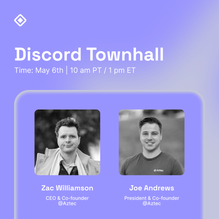 Aztec (@aztecnetwork) on Twitter photo Last week’s testnet launch brought 52k+ visits to our Playground.
Now we’re making space to connect. Join our 2-hour Townhall on May 6 @ 10am PT.
🔹Hr 1: Hear from our founders
🔹Hr 2: Meet ecosystem builders
🔹Q&A + get started in the Playground
👉 discord.com/invite/aztec Last week’s testnet launch brought 52k+ visits to our Playground.
Now we’re making space to connect. Join our 2-hour Townhall on May 6 @ 10am PT.
🔹Hr 1: Hear from our founders
🔹Hr 2: Meet ecosystem builders
🔹Q&A + get started in the Playground
👉 discord.com/invite/aztec
