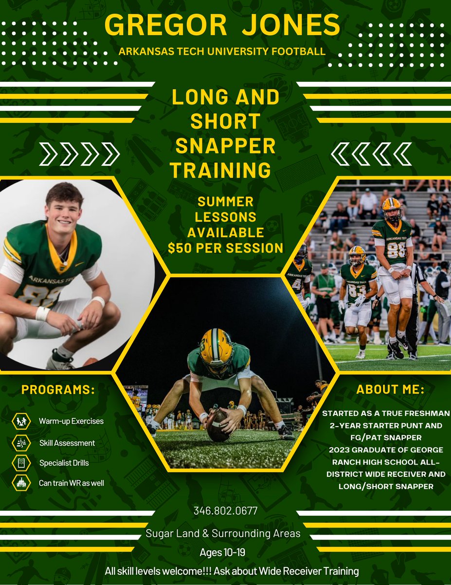 <a href="/GregorJones12/">Gregor Jones</a> will be back in town this week.  If you want to learn how to long or short snap, or just work on your craft...hit him up...he can also train WR's as well....<a href="/GRHS_Football/">GRHS Football</a>