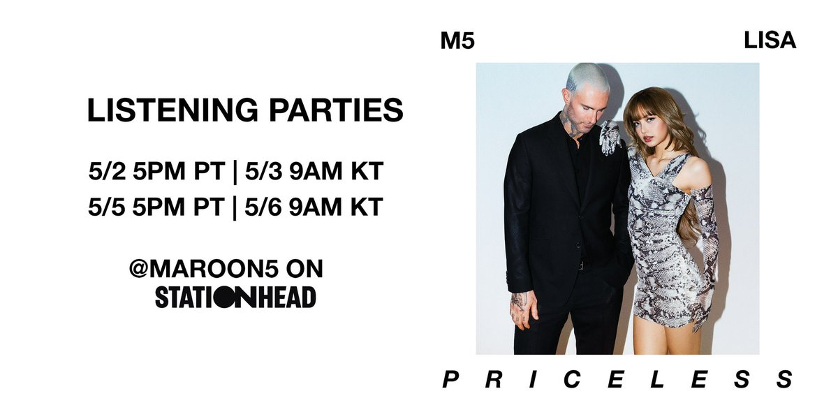 Maroon 5 (@maroon5) on Twitter photo ROUND 2!!! 💎#MAROON5XLISA_PRICELESS Listening Party <a href="/STATIONHEAD/">STATIONHEAD</a>!
maroon5.lnk.to/Stationhead ROUND 2!!! 💎#MAROON5XLISA_PRICELESS Listening Party <a href="/STATIONHEAD/">STATIONHEAD</a>!
maroon5.lnk.to/Stationhead