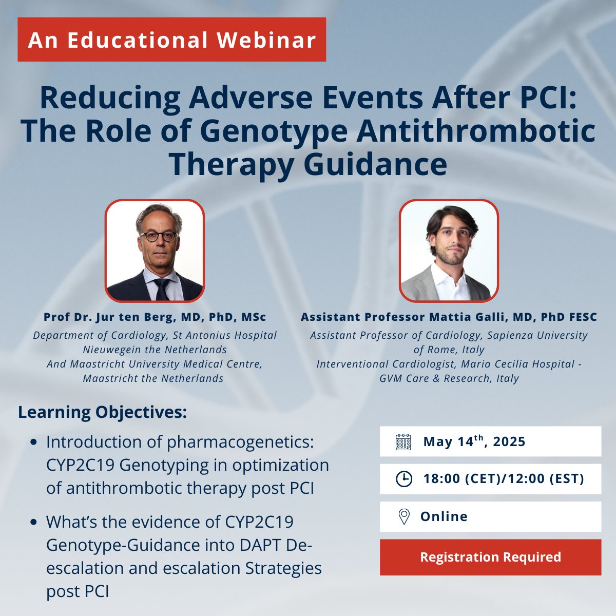 Educational Webinar!
Join Prof Dr. Jur ten Berg &amp; Assistant Professor Dr. Mattia Galli on May 14th (6-7 PM CET/12-1 PM EST) for insights on post-PCI care, DAPT de-escalation and pharmacogenomics.
🔗Register: us06web.zoom.us/meeting/regist…

#MedTwitter #MedX #Cardiology #Cardio
