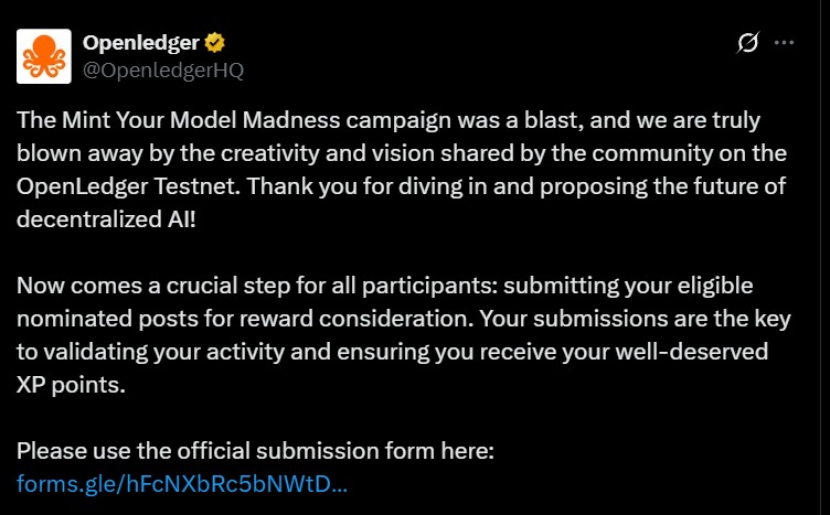 🥷 <a href="/OpenledgerHQ/">Openledger 🔜 𝗔𝗦𝗜𝗔 𝗧𝗢𝗨𝗥 ✈️</a> Mint Model Testnet Update!

👉 If you participated in the quest, then fill this form. 

✔️ Form Link :- docs.google.com/forms/d/e/1FAI…

•• Submit your X Profile link
•• Submit your email (linked with OpenLedger).
•• Paste your tweet link one by one . 
•• If you