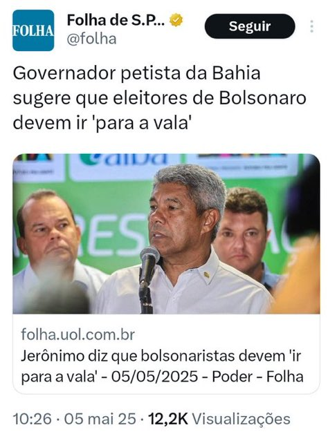 🚨 URGENTE: Detesto utilizar este expediente que cheira a sensacionalismo, mas o momento exige!
1. Assistimos a um dos mais graves episódios do atual processo político (ditatorial) em implantação no Brasil.  
2. O Governador petista da Bahia, Jerônimo Rodrigues, afirmou em