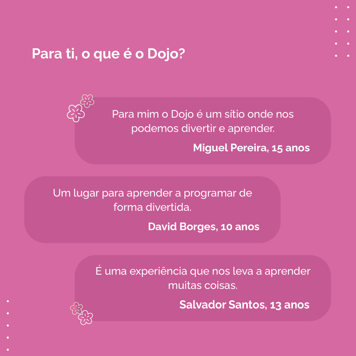 CoderDojoBraga's tweet image. 𝗘𝘅𝗽𝗲𝗿𝗶𝗲̂𝗻𝗰𝗶𝗮 𝗱𝗲 𝗡𝗶𝗻𝗷𝗮𝘀

Os Ninjas são uma parte essencial do 𝗖𝗼𝗱𝗲𝗿𝗗𝗼𝗷𝗼 𝗕𝗿𝗮𝗴𝗮, dão vida às sessões com a sua criatividade e vontade de aprender. 🌟

Desliza para veres as respostas de alguns dos Ninjas e fica a conhecer as suas experiências! 🙌💜