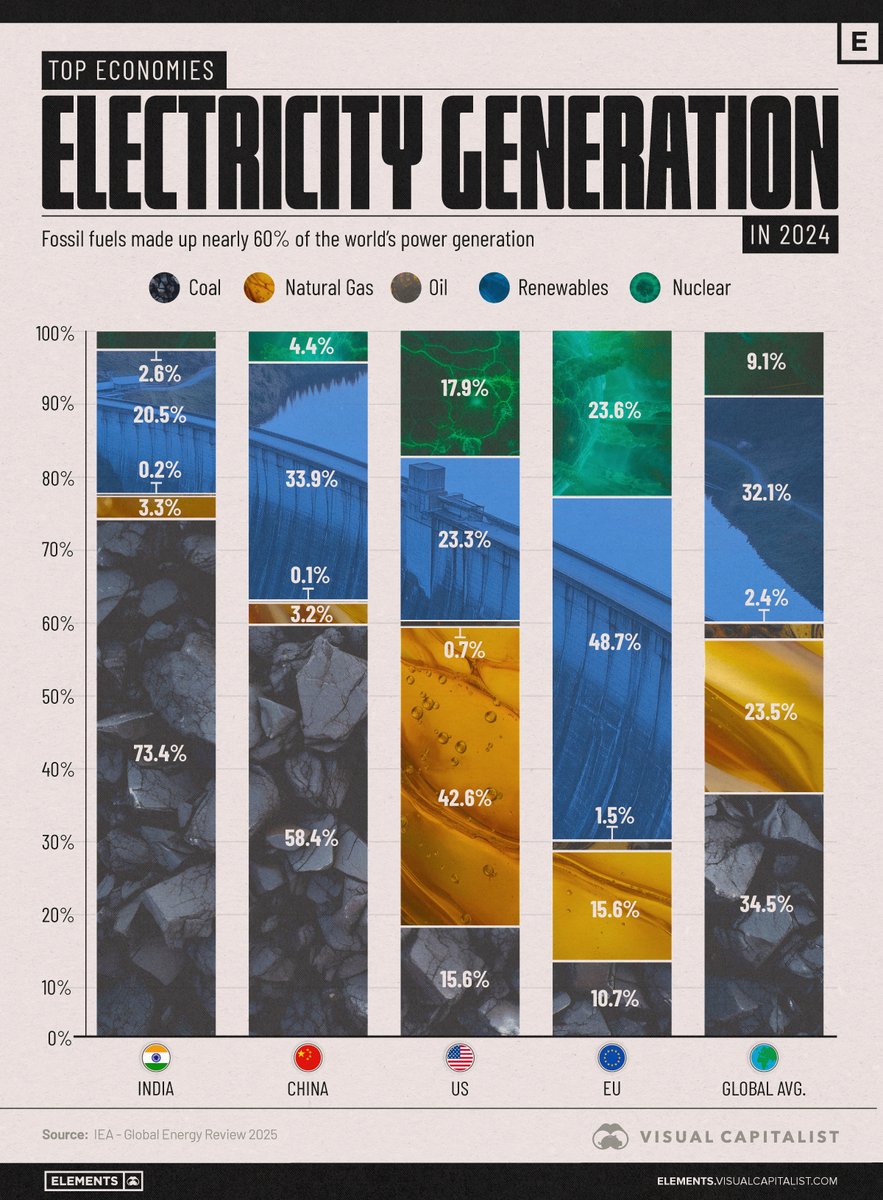 Charted: How Top Economies Generated Electricity in 2024 💡

From <a href="/VCElements/">Elements</a>—bridging the gap between global trends shaping our future, and the raw materials powering them ⚡️

elements.visualcapitalist.com/charted-coal-s…