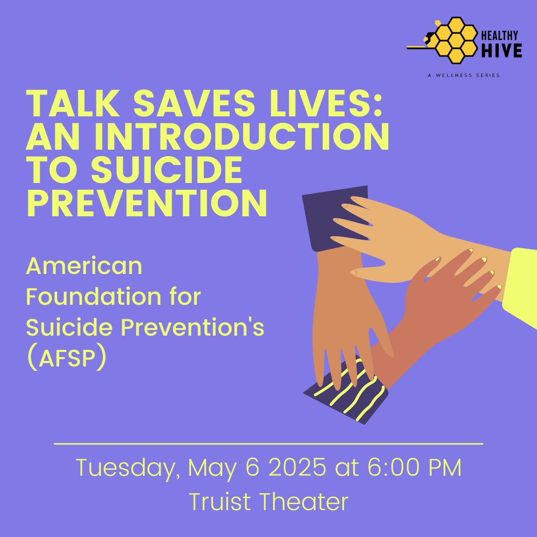 American Foundation for Suicide Prevention's flagship suicide prevention education program that covers what the research has found to be the warning signs and risk factors of suicide. Join us on May 6 at 6pm in the Truist Theater for this discussion!