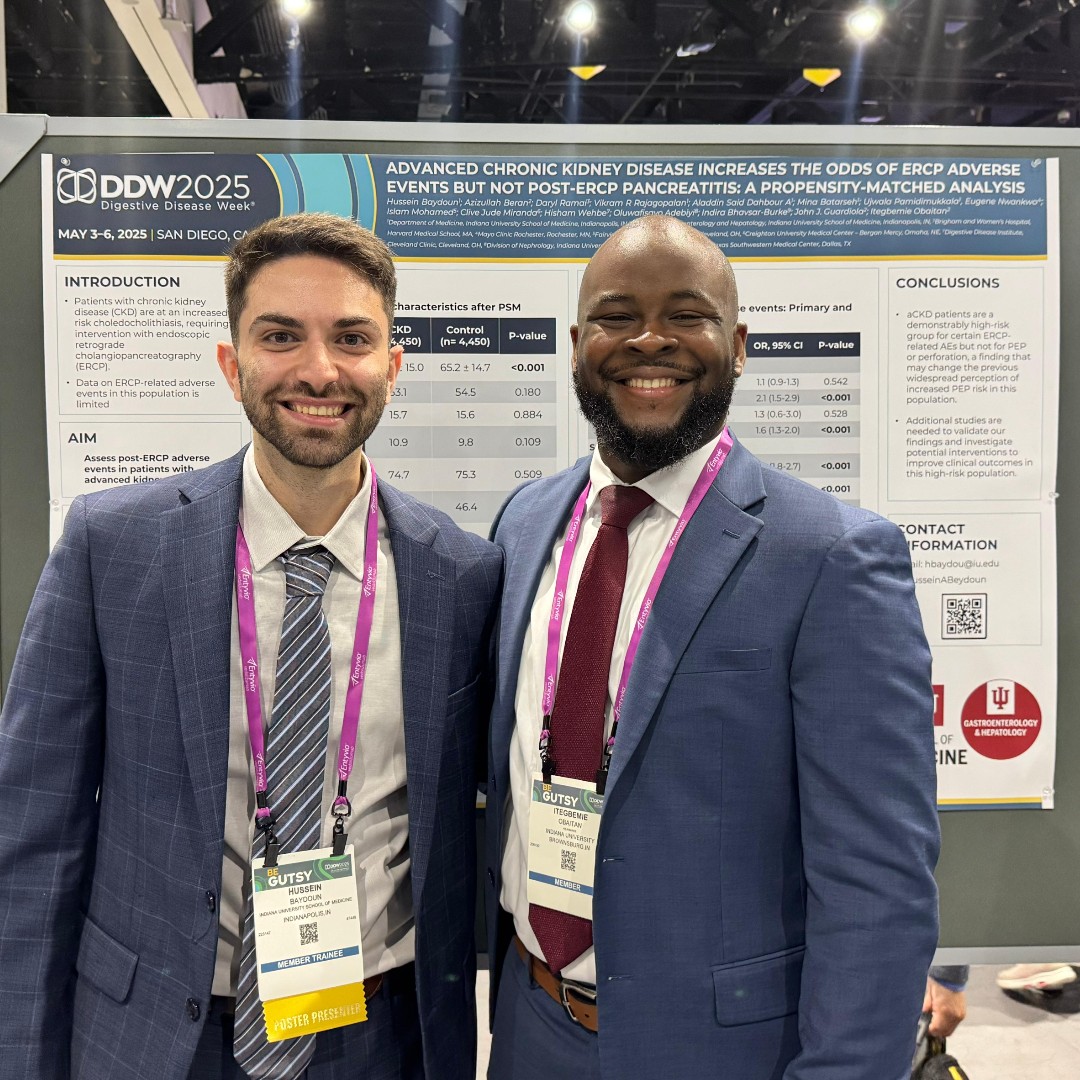 Indiana University Gastroenterology and Hepatology (@iugastro) on Twitter photo 🎉 Congrats to Drs. Obaitan & Baydoun! 🎉
Shoutout to PGY-2 <a href="/IUIntMed/">Indiana University Internal Medicine</a> resident <a href="/HusseinABeydoun/">Hussein Baydoun, MD</a> for presenting his poster at #DDW2025 on GI side effects of tirzepatide vs. semaglutide—real-world insights to guide care for T2D & obesity. #GITwitter
<a href="/DDWMeeting/">Digestive Disease Week</a> 🎉 Congrats to Drs. Obaitan & Baydoun! 🎉
Shoutout to PGY-2 <a href="/IUIntMed/">Indiana University Internal Medicine</a> resident <a href="/HusseinABeydoun/">Hussein Baydoun, MD</a> for presenting his poster at #DDW2025 on GI side effects of tirzepatide vs. semaglutide—real-world insights to guide care for T2D & obesity. #GITwitter
<a href="/DDWMeeting/">Digestive Disease Week</a>