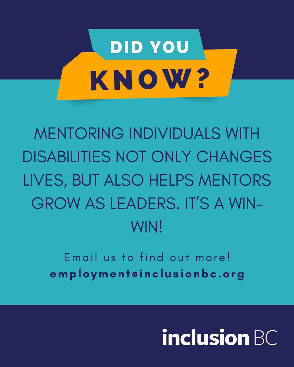 InclusionBC's tweet image. Did you know that mentoring individuals with disabilities not only changes lives but also helps mentors grow as leaders? It’s a win-win! Email us to find out more! employment@inclusionbc.org

#MentorAbility #CareerExploration #InclusionAtWork #MentorshipMatters #DiversityInAction