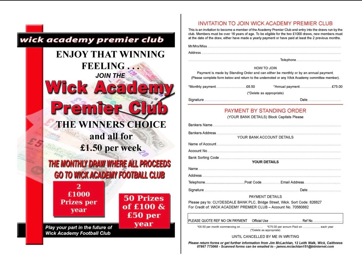 Wick Academy Premier Club

Week 34 winners

£100 - T Banks - Wick

£50 - K Anderson - Wick