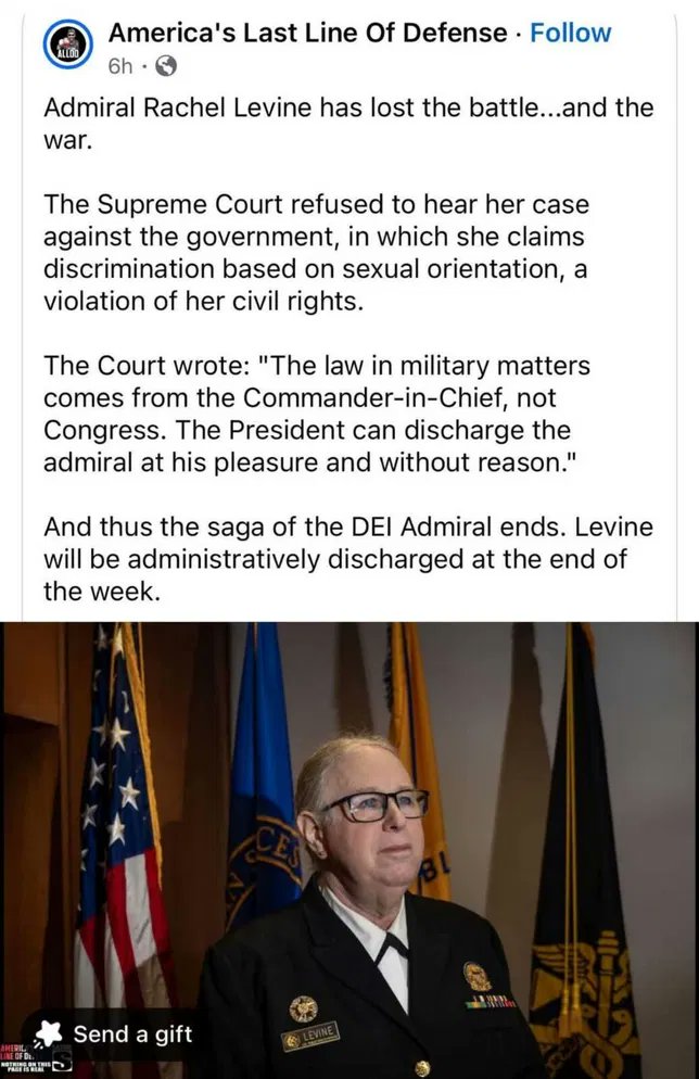 GREAT NEWS:  The Commander-in-Chief has won his battle and the war against Rachel Levine.

The court wrote:  “The law in military matters comes from the Commander-in-Chief, not Congress.  The President can discharge the admiral at his pleasure and without reason.”

And thus the