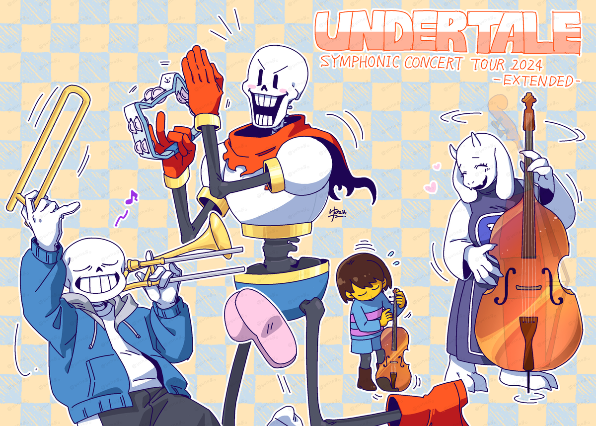 #UNDERTALEコンサート2024 に行ってきました記念！
＊後方で飛び跳ねながらノリノリで叩くタンバリンさん
＊挨拶の時にスライドを抜いて見せるトロンボーンさん
＊エンドピンを軸に軽やかに回すコントラバスさん
＊対抗して床にそっと置いてゆっくり回すバイオリンさん
皆さんがお茶目でとても良かった