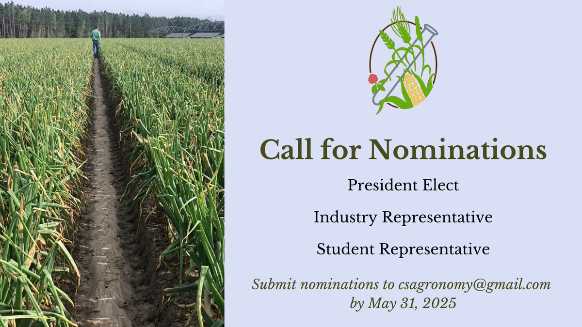Canadian Society of Agronomy (@agronomycanada) on Twitter photo The CSA Executive Committee are looking for nominees for the following positions:
President-Elect
Industry Representative
Graduate Student Representative
Please send nominations to csagronomy@gmail.com by May 31, 2025.
Visit bit.ly/4lT4KWi for details on positions. The CSA Executive Committee are looking for nominees for the following positions:
President-Elect
Industry Representative
Graduate Student Representative
Please send nominations to csagronomy@gmail.com by May 31, 2025.
Visit bit.ly/4lT4KWi for details on positions.
