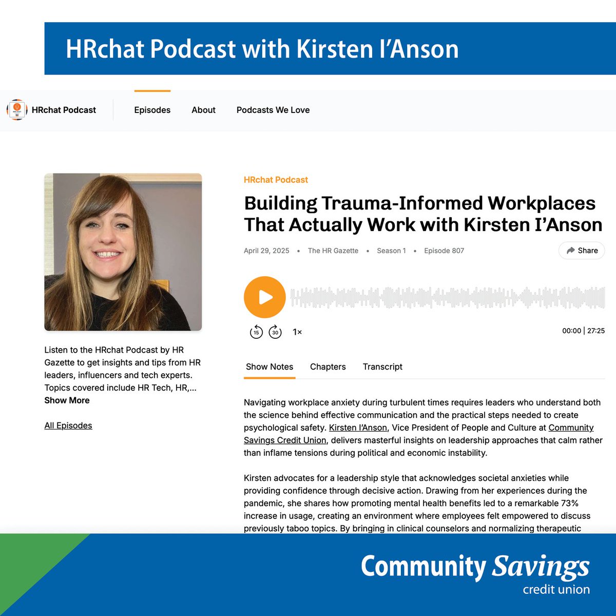 Community Savings Credit Union (@comsavings) on Twitter photo We’re proud to share the latest episode of the <a href="/TheHRGazette/">The HR Gazette</a> podcast: Building Trauma-Informed Workplaces That Actually Work, featuring Kirsten I’Anson, VP of People and Culture at CSCU. Listen at: buzzsprout.com/65006/episodes…… #socialpurpose We’re proud to share the latest episode of the <a href="/TheHRGazette/">The HR Gazette</a> podcast: Building Trauma-Informed Workplaces That Actually Work, featuring Kirsten I’Anson, VP of People and Culture at CSCU. Listen at: buzzsprout.com/65006/episodes…… #socialpurpose