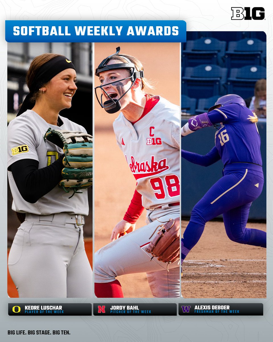 Your Softball Players of the Week 🥎 heading into the Big Ten Tournament!

Player: Kedre Luschar, Oregon
Pitcher: Jordy Bahl, Nebraska
Freshman: Alexis DeBoer, Washington

🔗 bit.ly/3ENxAqz

#B1GSoftball x <a href="/OregonSB/">Oregon Softball</a> x <a href="/HuskerSoftball/">Nebraska Softball</a> x <a href="/UWSoftball/">Washington Softball</a>