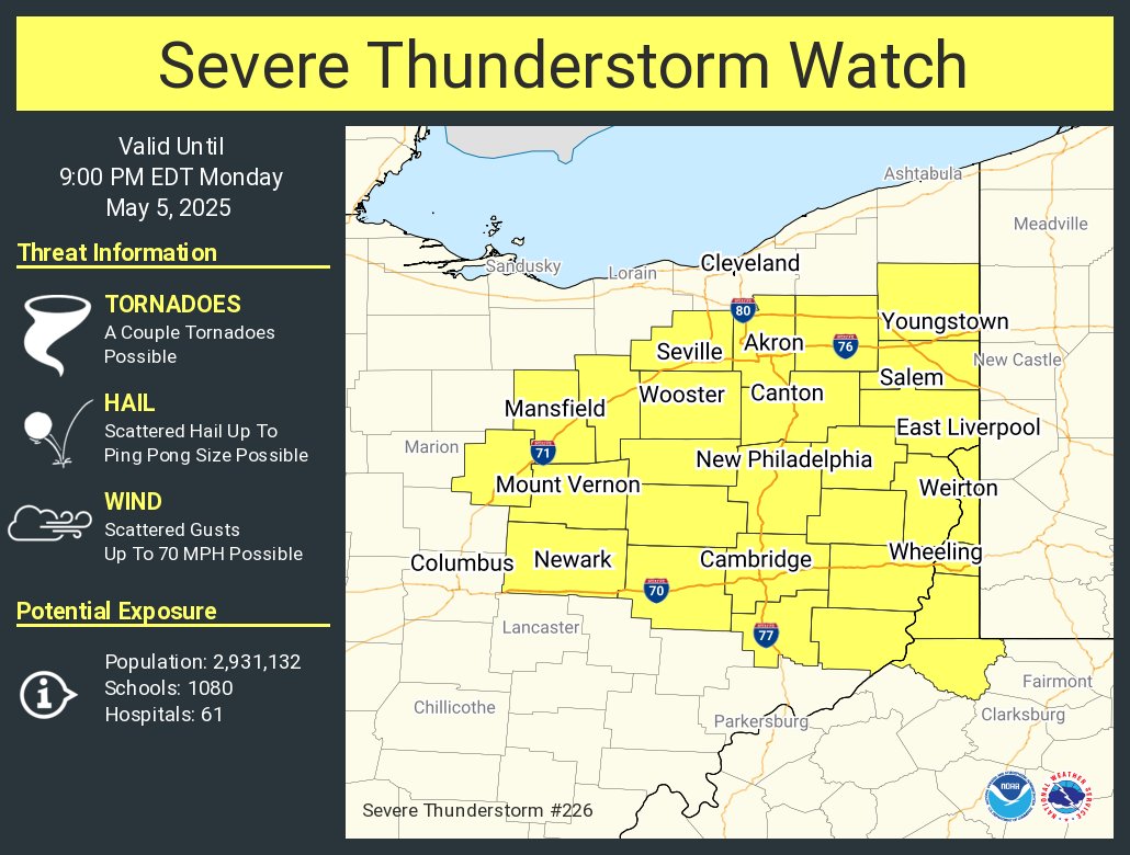 A severe thunderstorm watch has been issued for parts of Ohio and West Virginia until 9 PM EDT
