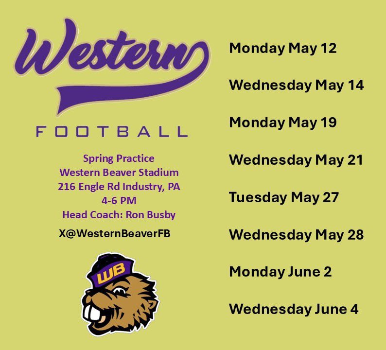 Mike Rittelmann (@mrittcgs) on Twitter photo 🚨College Coaches Recruiting the WPIAL
➡️ Here is the <a href="/WesternBeaverFB/">Western Beaver Football</a> Spring Practice Schedule
‼️Please contact myself or <a href="/tcalt/">Tony Caltury</a> to set up a time to visit practice
🚨 We have 2026, 2027 and 2028 athletes who are looking to play at the college level
#ReceuitWB🦫 🚨College Coaches Recruiting the WPIAL
➡️ Here is the <a href="/WesternBeaverFB/">Western Beaver Football</a> Spring Practice Schedule
‼️Please contact myself or <a href="/tcalt/">Tony Caltury</a> to set up a time to visit practice
🚨 We have 2026, 2027 and 2028 athletes who are looking to play at the college level
#ReceuitWB🦫