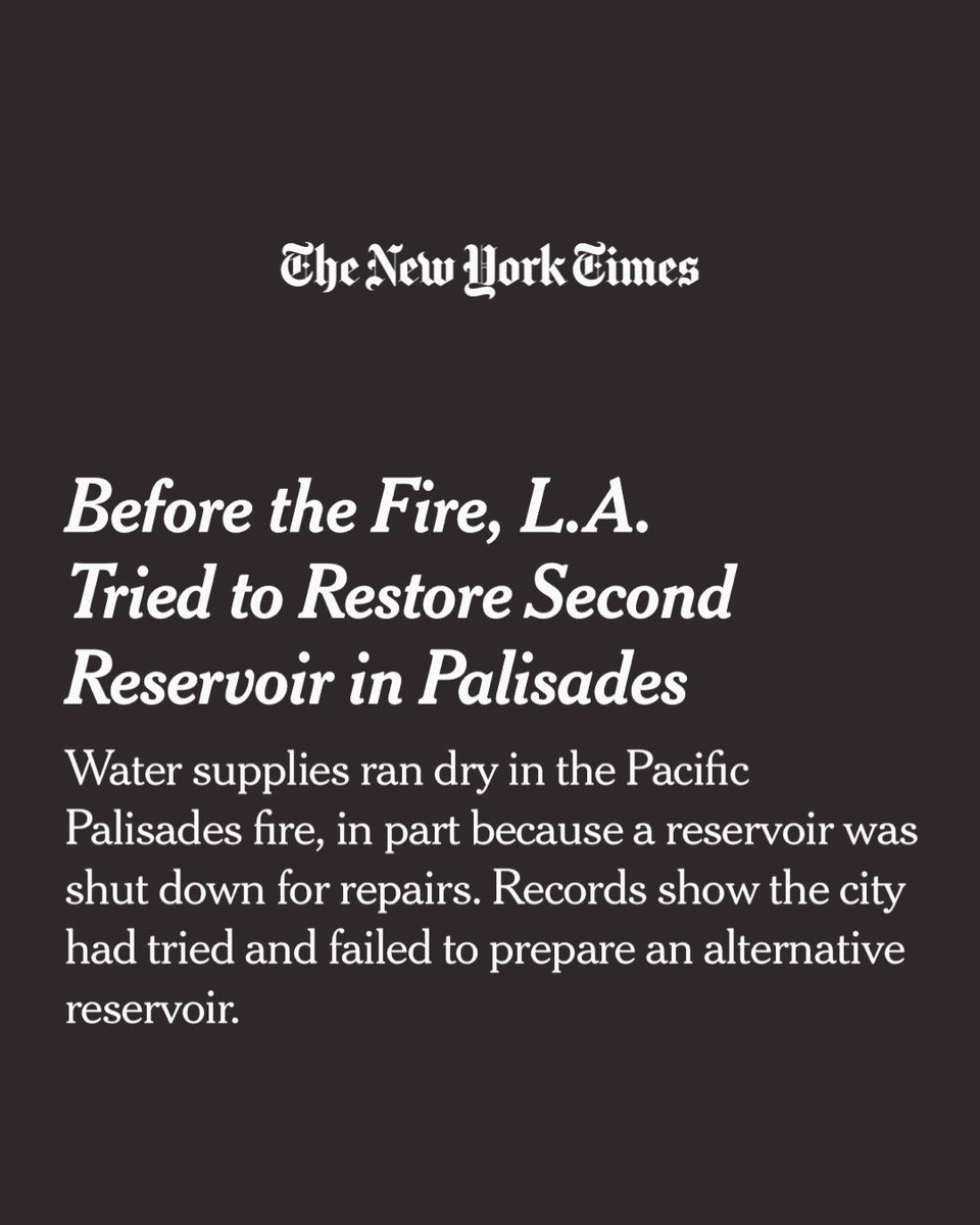 How the head of DWP still has a job is unthinkable. Incompetence at the highest level. Only in LA does failure this big come with job security. 

Seven months. Empty reservoirs. Dry hydrants. The more we learn about the pre-fire failures of our city leaders, the more baffling the