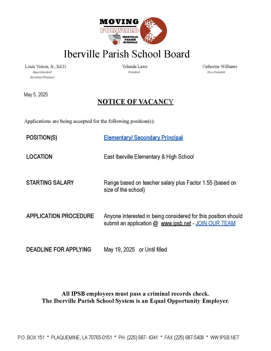 IPSB is currently looking for an Elementary/Secondary Principal. Anyone interested in being considered for this position should submit an application online at: ipsb.net.  

Click the link below for more information!
applitrack.com/ipsb/onlineapp/