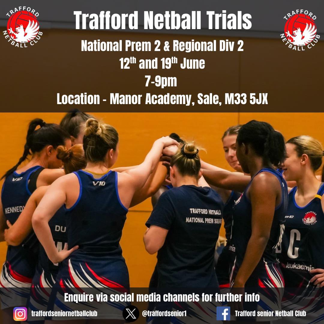 📢TRIAL DATES FOR PREM &amp; DIV 2📢

If you’d like to be part of Trafford Netball club’s performance squads in either National Prem 2 or Regional Div 2 please get in touch❤️🤍💙

*If you’d like to trial but can’t make these dates please get in touch &amp; we can make adjustments