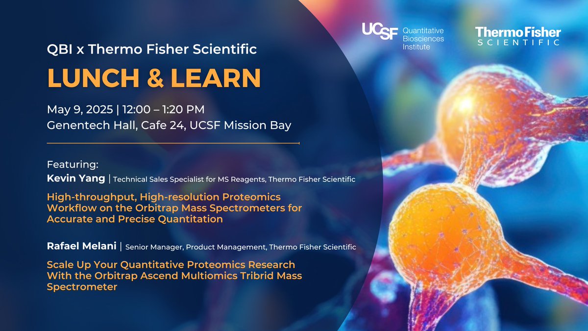QBI (@qbi_ucsf) on Twitter photo QBI & Thermo Fisher are hosting a Lunch & Learn on May 9 at <a href="/UCSF/">UC San Francisco</a>!
Learn how to set up robust quantitative proteomics experiments using cutting-edge mass spectrometry with insights from Kevin Yang & Rafael Melani.
Lunch included!
Learn more & register: qbi.ucsf.edu/qbi-thermo-fis… QBI & Thermo Fisher are hosting a Lunch & Learn on May 9 at <a href="/UCSF/">UC San Francisco</a>!
Learn how to set up robust quantitative proteomics experiments using cutting-edge mass spectrometry with insights from Kevin Yang & Rafael Melani.
Lunch included!
Learn more & register: qbi.ucsf.edu/qbi-thermo-fis…