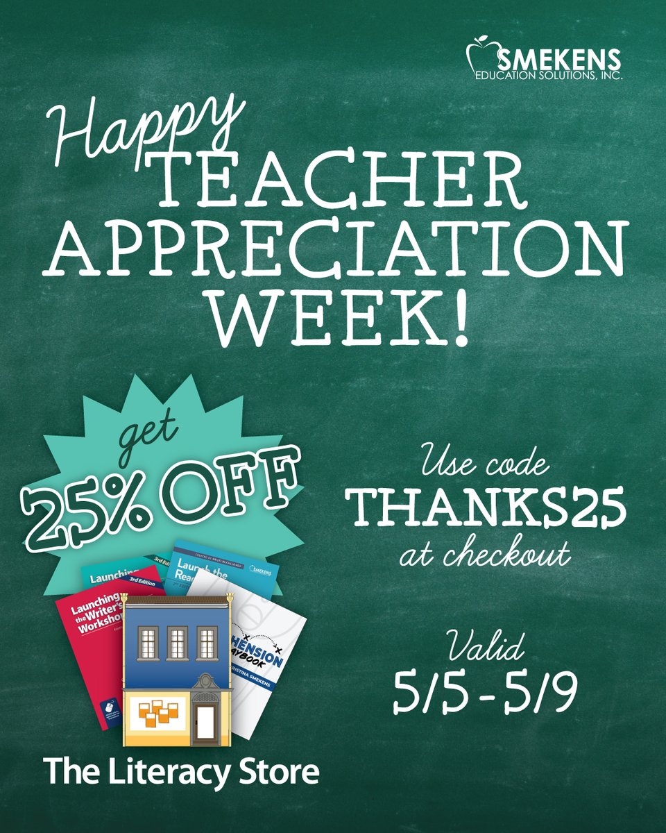 SmekensEd's tweet photo. Happy Teacher Appreciation Week! 

To show our thanks, we are having a sale ALL WEEK in The Literacy Store, our online bookstore!

Use code THANKS25 for 25% off your purchase through 11:59 pm on Friday, May 9th.

Check out The Literacy Store: https://t.co/Yb42ToLHr2 https://t.co/oIw40VGe01