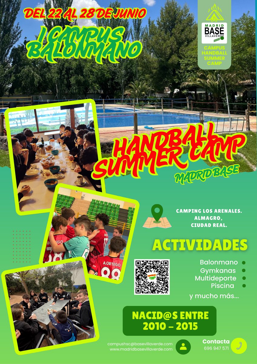 Ya está aquí la I edición del Handball Summer Camp Madrid Base que se celebra del 22 al 28 de junio en Almagro (Ciudad Real). Para chic@s nacid@s entre 2010 y 2015. (Plazas limitadas). Tienes toda la información en el QR del cartel o en el siguiente enlace webdelclub.com/web/Form.aspx?…