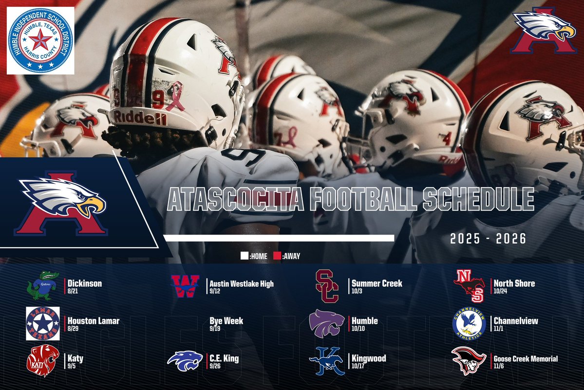 Dave Campbell's Texas Football — TexasFootball.com (@dctf) on Twitter photo The 2025 #TXHSFB schedule for <a href="/AHSEagleFB/">Atascocita High School Football</a>. 🅰️
The Eagles have high ambitions for the fall after a 6A-DI Region III Final appearance last season. 👀
texasfootball.com/team/humble-at…
#DCTF #TexasFootball #Atascocita | <a href="/HumbleISD_AHS/">The Atascocita HS</a> | <a href="/HumbleISD_Ath/">Humble ISD Athletics</a> | <a href="/HumbleISD/">Humble ISD</a> | <a href="/craig_stump/">Craig Stump</a> The 2025 #TXHSFB schedule for <a href="/AHSEagleFB/">Atascocita High School Football</a>. 🅰️
The Eagles have high ambitions for the fall after a 6A-DI Region III Final appearance last season. 👀
texasfootball.com/team/humble-at…
#DCTF #TexasFootball #Atascocita | <a href="/HumbleISD_AHS/">The Atascocita HS</a> | <a href="/HumbleISD_Ath/">Humble ISD Athletics</a> | <a href="/HumbleISD/">Humble ISD</a> | <a href="/craig_stump/">Craig Stump</a>