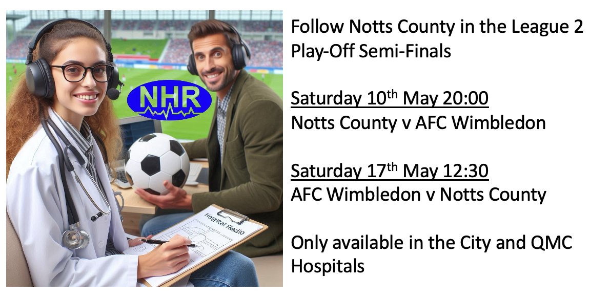 NottsNHR's tweet image. Join us on NHR to see if Notts County can progress to the League 2 Play Off Final!
@HcopTeam @nuhpatientgroup