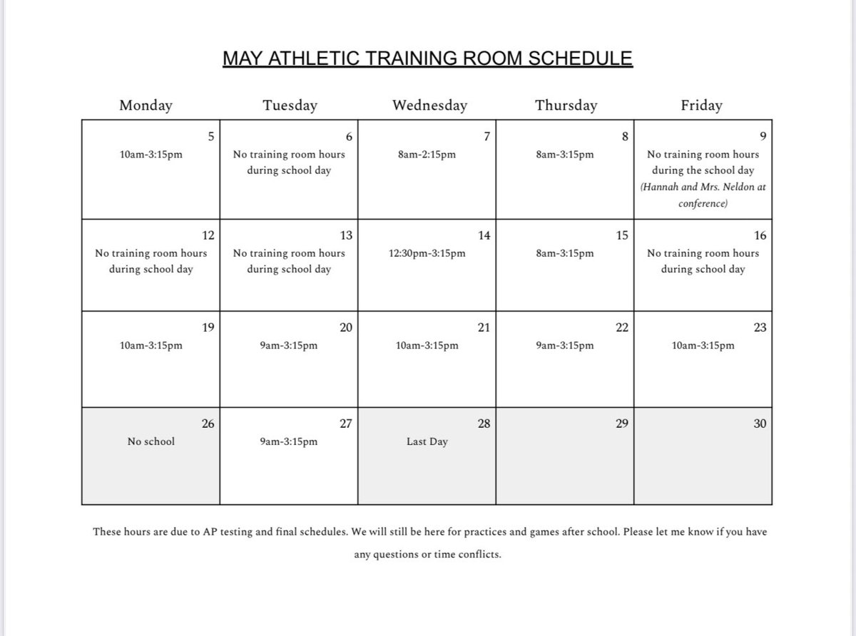 🚨🚨 Due to AP testing in the field house the next few weeks there will be some changes in school day hours for the training room. 

The days that say no training room hours, I will usually still be here just not in the training room so just shoot me an email. 

Thanks! Go Jays!