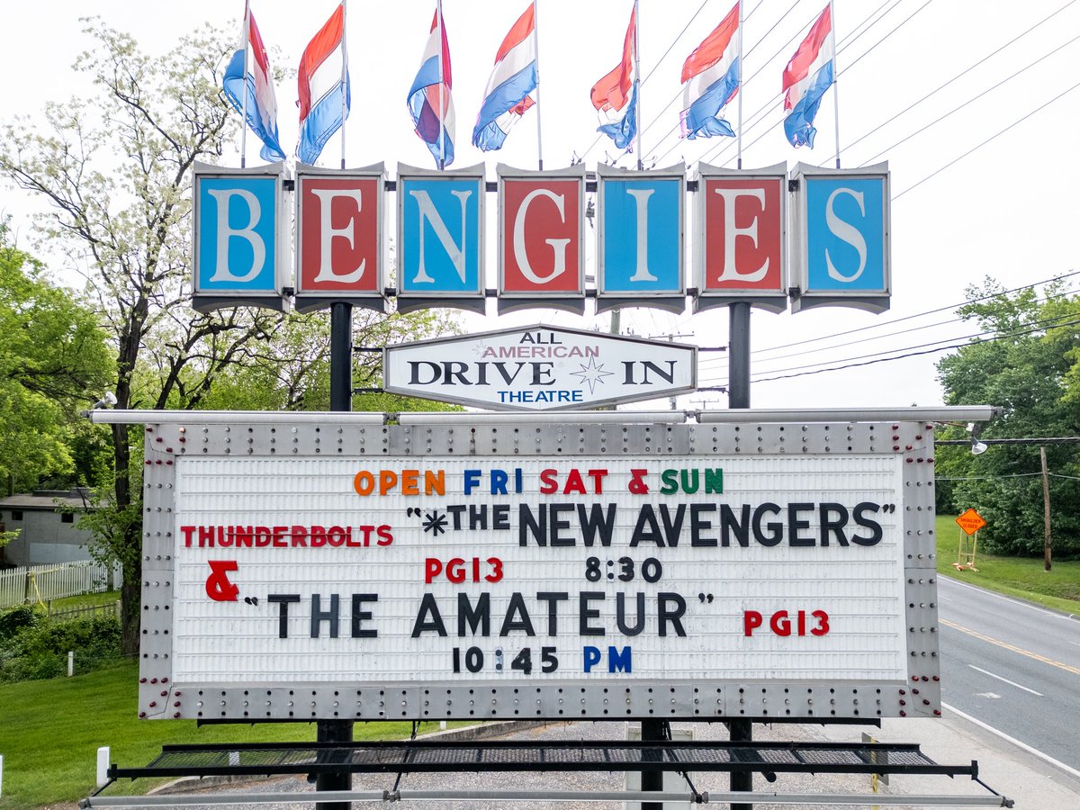 Bengies Drive-in (@bengies) on Twitter photo Marvel Studios' #̶T̶h̶u̶n̶d̶e̶r̶b̶o̶l̶t̶s̶* #TheNewAvengers is now playing!
May 9, 10 & 11 – Friday, Saturday & Sunday
Box Office Opens at 7:30 PM | Closes at 11:00 PM
8:30 PM – “T̶h̶u̶n̶d̶e̶r̶b̶o̶l̶t̶s̶*” / “*The NEW ADVENGERS”
10:45 PM – THE AMATEUR (PG-13) Marvel Studios' #̶T̶h̶u̶n̶d̶e̶r̶b̶o̶l̶t̶s̶* #TheNewAvengers is now playing!
May 9, 10 & 11 – Friday, Saturday & Sunday
Box Office Opens at 7:30 PM | Closes at 11:00 PM
8:30 PM – “T̶h̶u̶n̶d̶e̶r̶b̶o̶l̶t̶s̶*” / “*The NEW ADVENGERS”
10:45 PM – THE AMATEUR (PG-13)