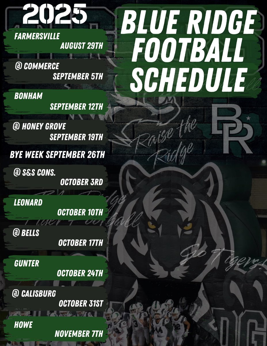 Blue Ridge Tigers Football (@blue_ridgefb) on Twitter photo The moment you’ve all been waiting for!!! Here is your 2025 Blue Ridge Tigers football Schedule!!
<a href="/jruss_16/">Coach Russell</a> <a href="/Coach_Jay_09/">Coach Jackson</a> The moment you’ve all been waiting for!!! Here is your 2025 Blue Ridge Tigers football Schedule!!
<a href="/jruss_16/">Coach Russell</a> <a href="/Coach_Jay_09/">Coach Jackson</a>