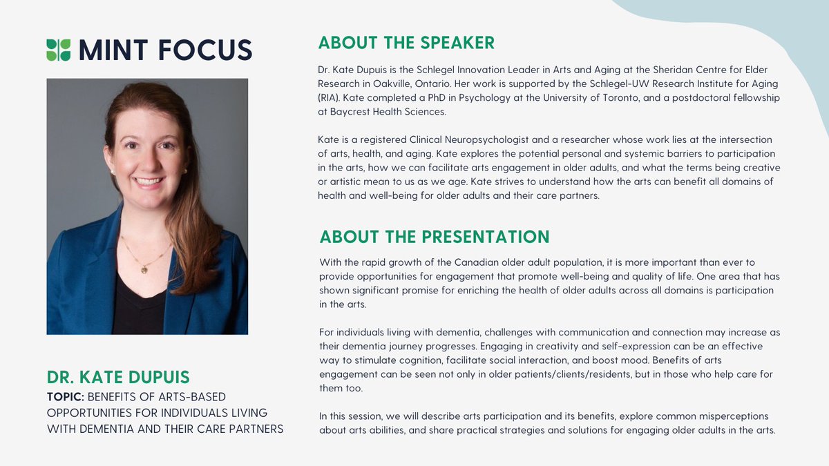 MINT Memory Clinic (@mintmemorycare) on Twitter photo Our next MINT Focus session is coming up this Friday!
Join us and Dr Kate Dupuis <a href="/DrKateTO/">Kate Dupuis</a> for a session on the Benefits of Arts-Based Opportunities for Individuals Living with Dementia and Their Care Partners 💖
🔗Registrations are open at mintmemory.ca/events/mint-fo… Our next MINT Focus session is coming up this Friday!
Join us and Dr Kate Dupuis <a href="/DrKateTO/">Kate Dupuis</a> for a session on the Benefits of Arts-Based Opportunities for Individuals Living with Dementia and Their Care Partners 💖
🔗Registrations are open at mintmemory.ca/events/mint-fo…